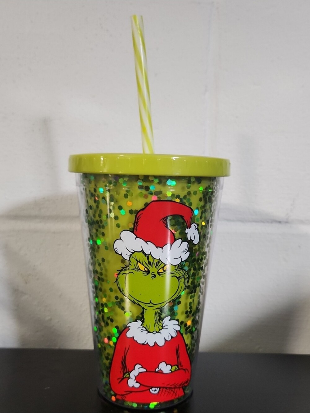 16 Oz Grinch Holiday Glitter"Feelin' Grinchy" Tumbler with Straw NWT